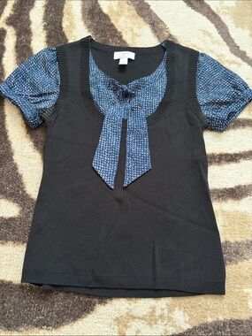 LOFT Black Knit Top with Blue Tie-Neck and Short Sleeves